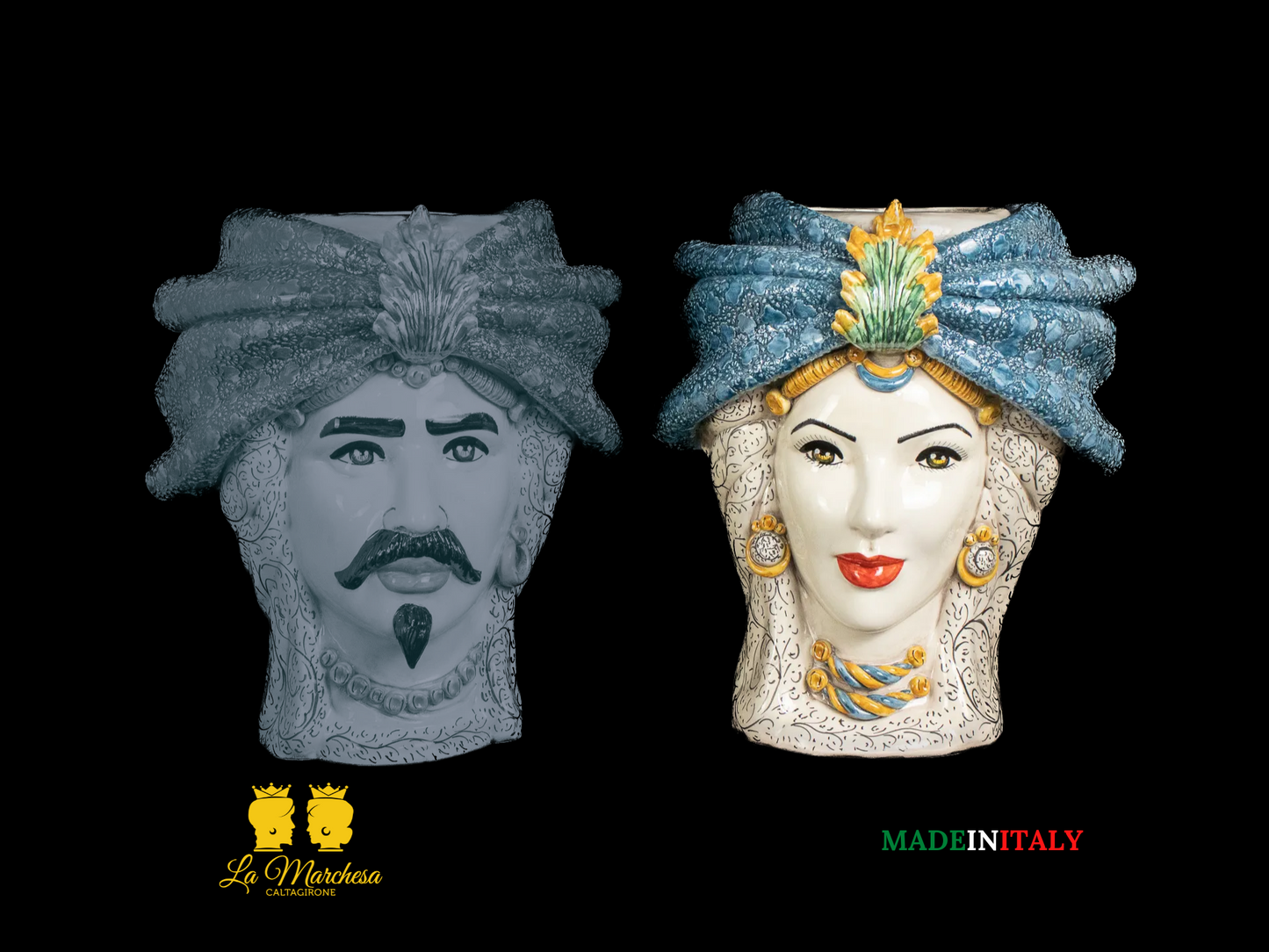 Teste di Moro in Ceramica di Caltagirone turbante blu 39cm