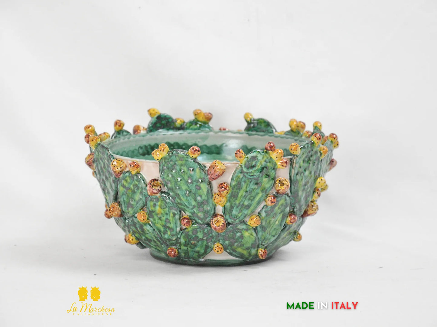 Portavaso in ceramica di Caltagirone con foglie di fichi d'india - varie misure