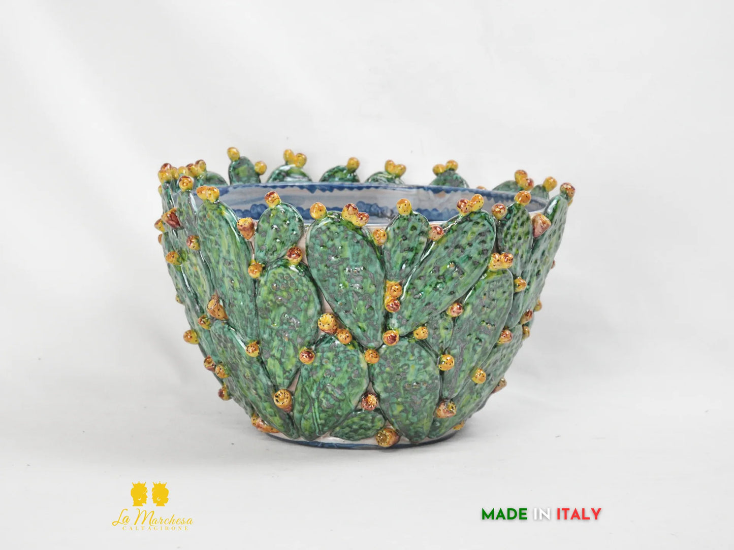 Portavaso in ceramica di Caltagirone con foglie di fichi d'india - varie misure