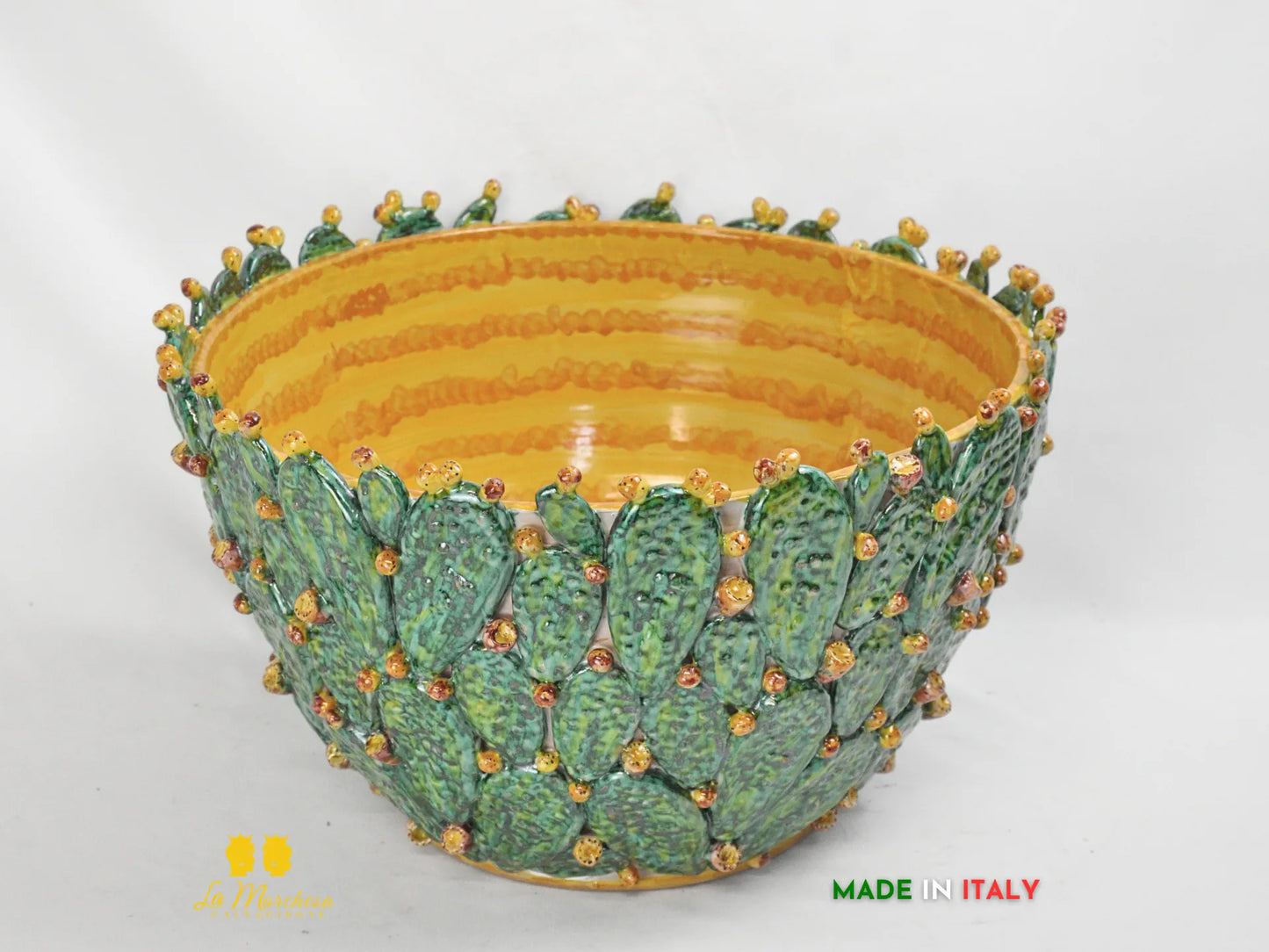 Portavaso in ceramica di Caltagirone con foglie di fichi d'india - varie misure