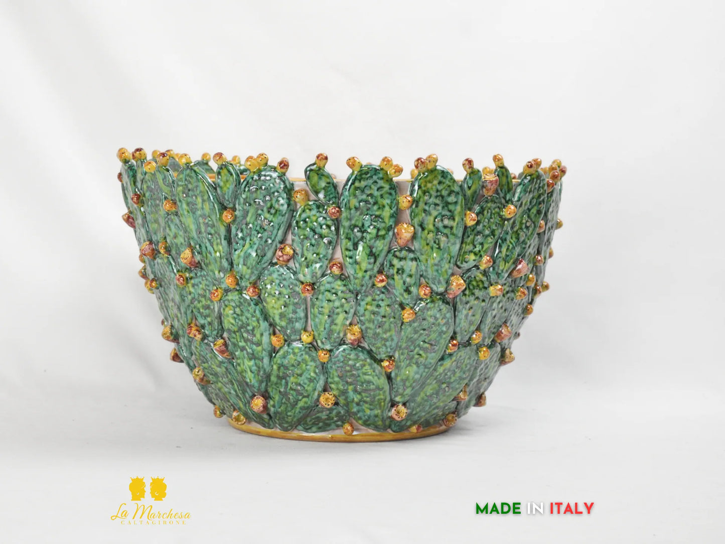 Portavaso in ceramica di Caltagirone con foglie di fichi d'india - varie misure