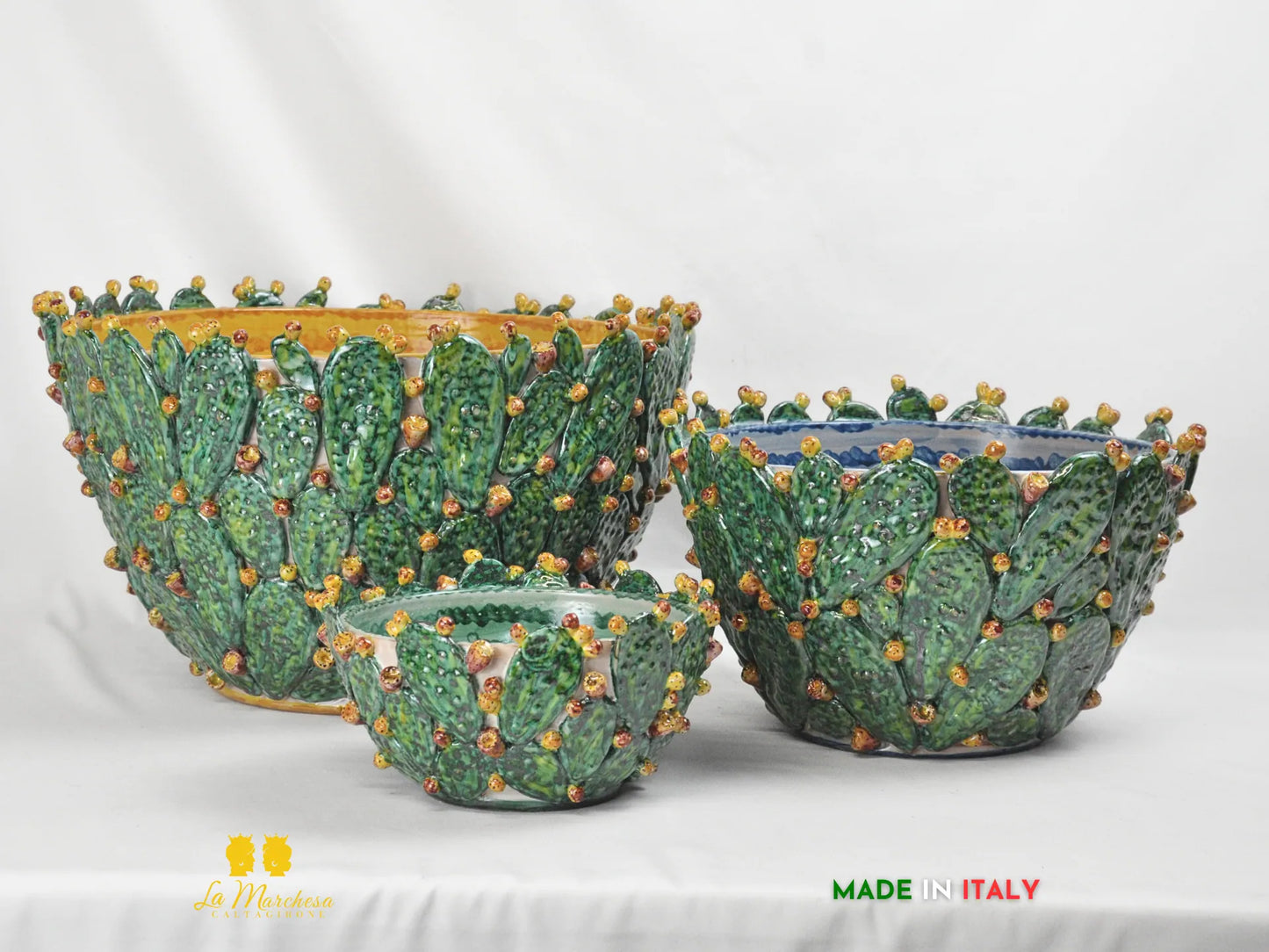 Portavaso in ceramica di Caltagirone con foglie di fichi d'india - varie misure