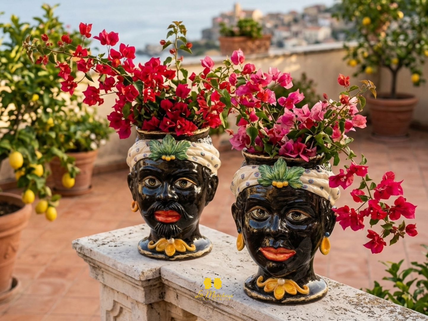 Teste di Moro in Ceramica di Caltagirone con Turbante 30cm