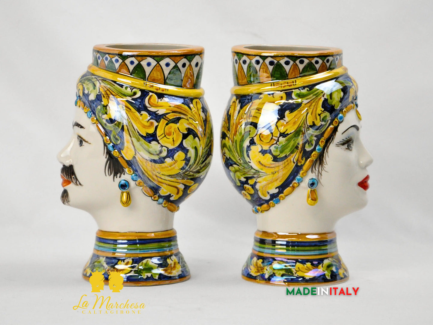 Teste di Moro Madreperla in Ceramica di Caltagirone Ornato 22cm