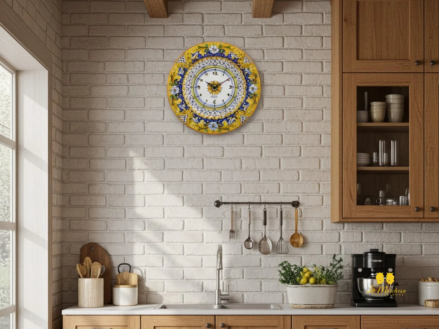 Orologio in Ceramica di Caltagirone Piatto Falda Ornato Blu 42cm