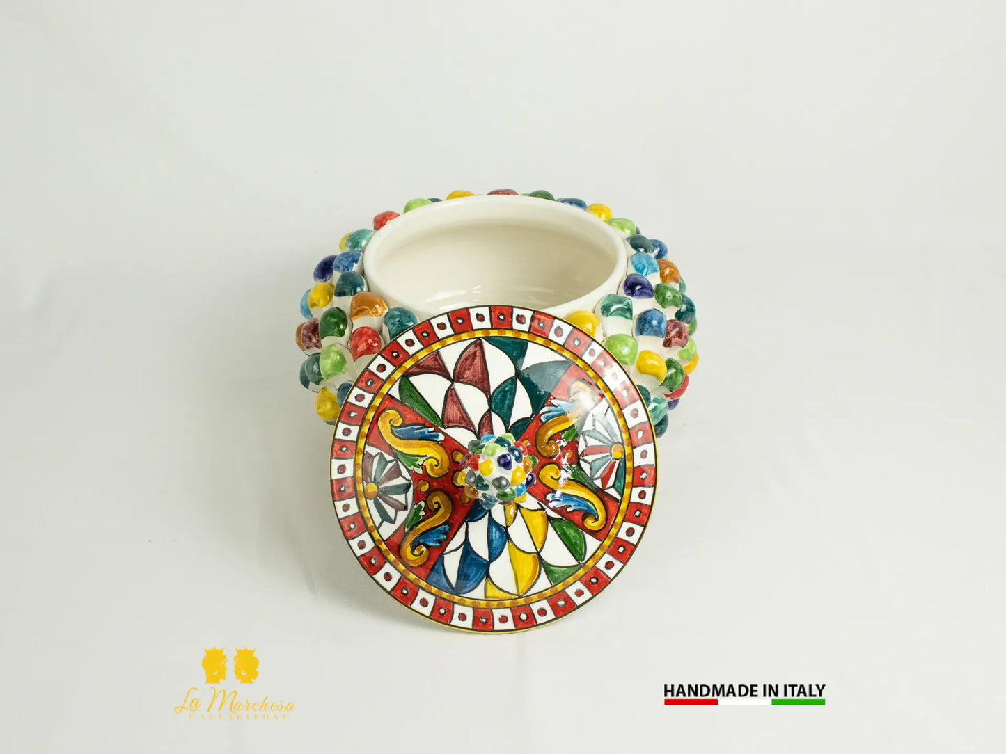 Biscottiera Pigna Ceramica di Caltagirone Multicolore Arlecchino bianco