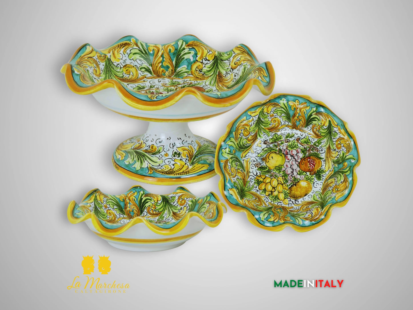 Centrotavola Decorato in Ceramica di Caltagirone Frutta Verde Rame - Vari Modelli