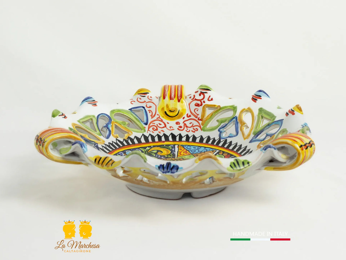 Centrotavola in Ceramica di Caltagirone con manici carretto intagli 32cm