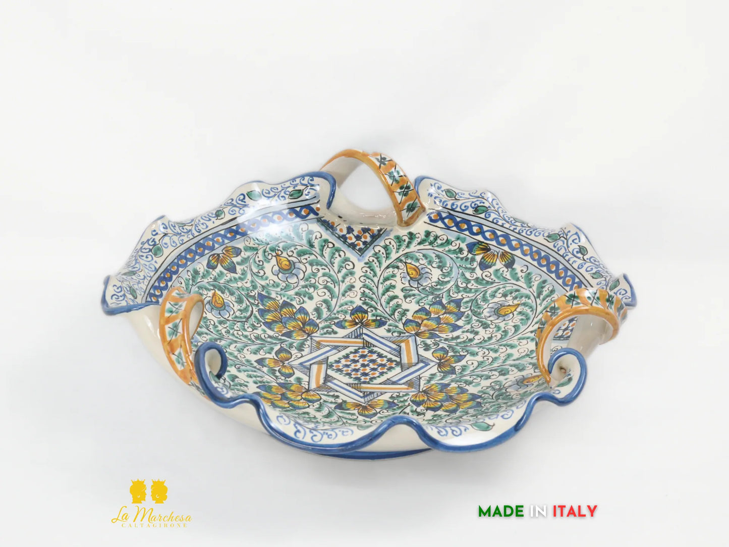 Centrotavola Ciotola in Ceramica di Caltagirone con manici pavoni decorati a mano - vari decori