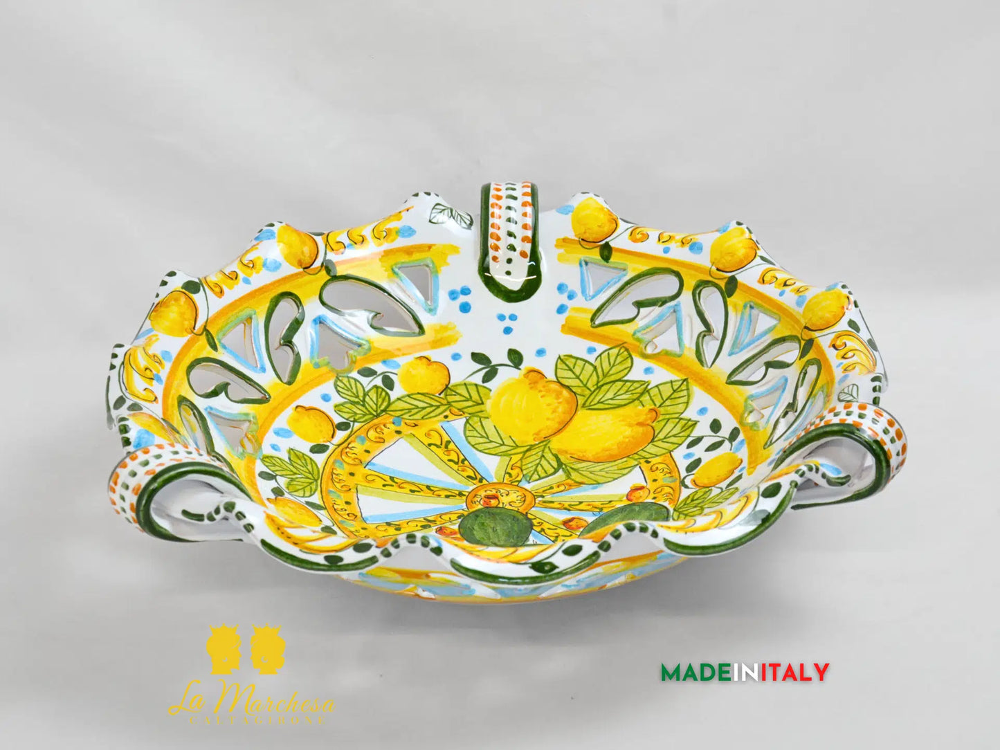 Centrotavola in Ceramica di Caltagirone con Manici Fichi D'India Intagli 40cm
