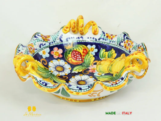 Centrotavola ciotola Ceramica di Caltagirone con manici Gialli Limoni 38cm