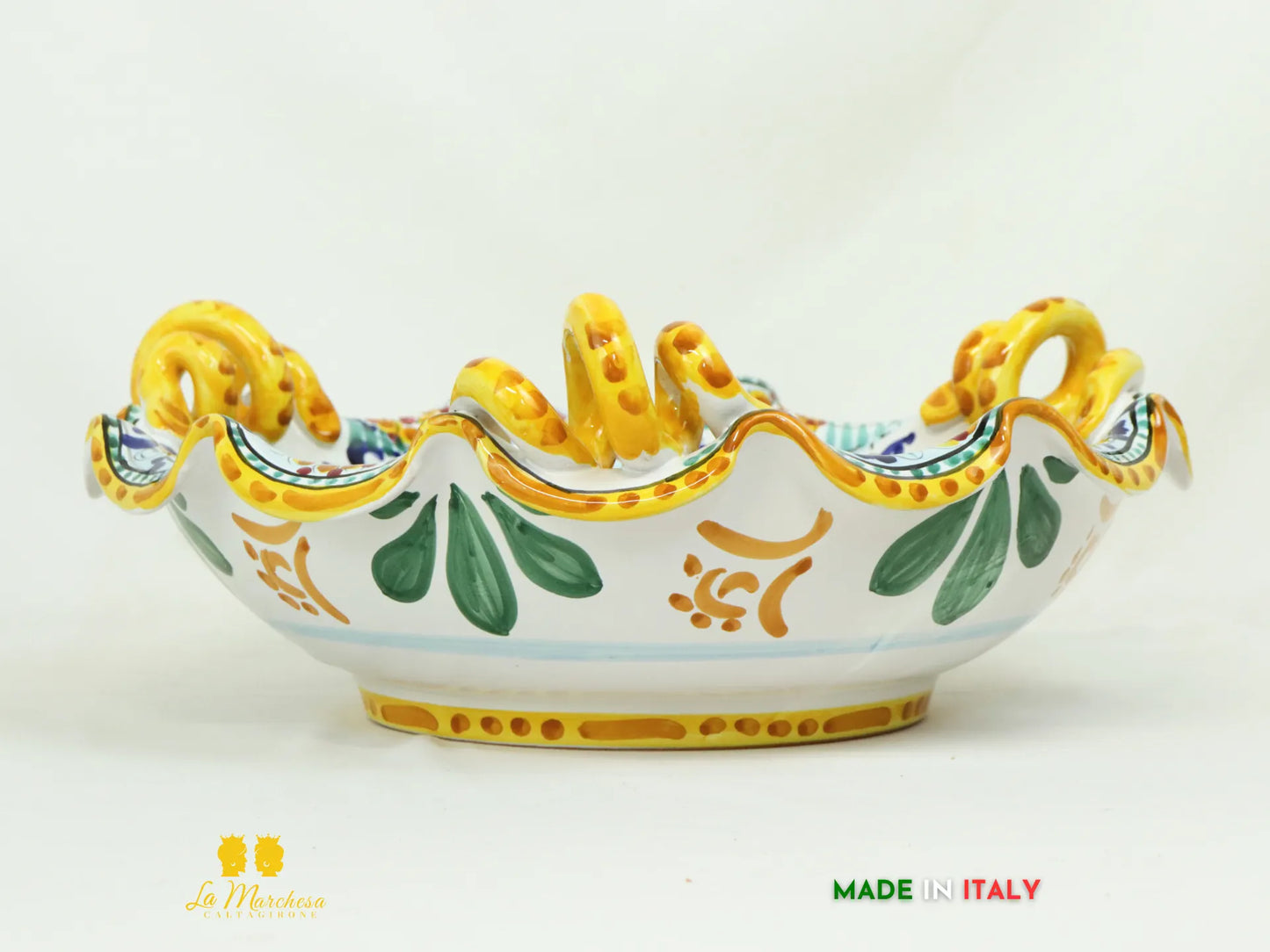 Centrotavola ciotola Ceramica di Caltagirone con manici Gialli Limoni 38cm
