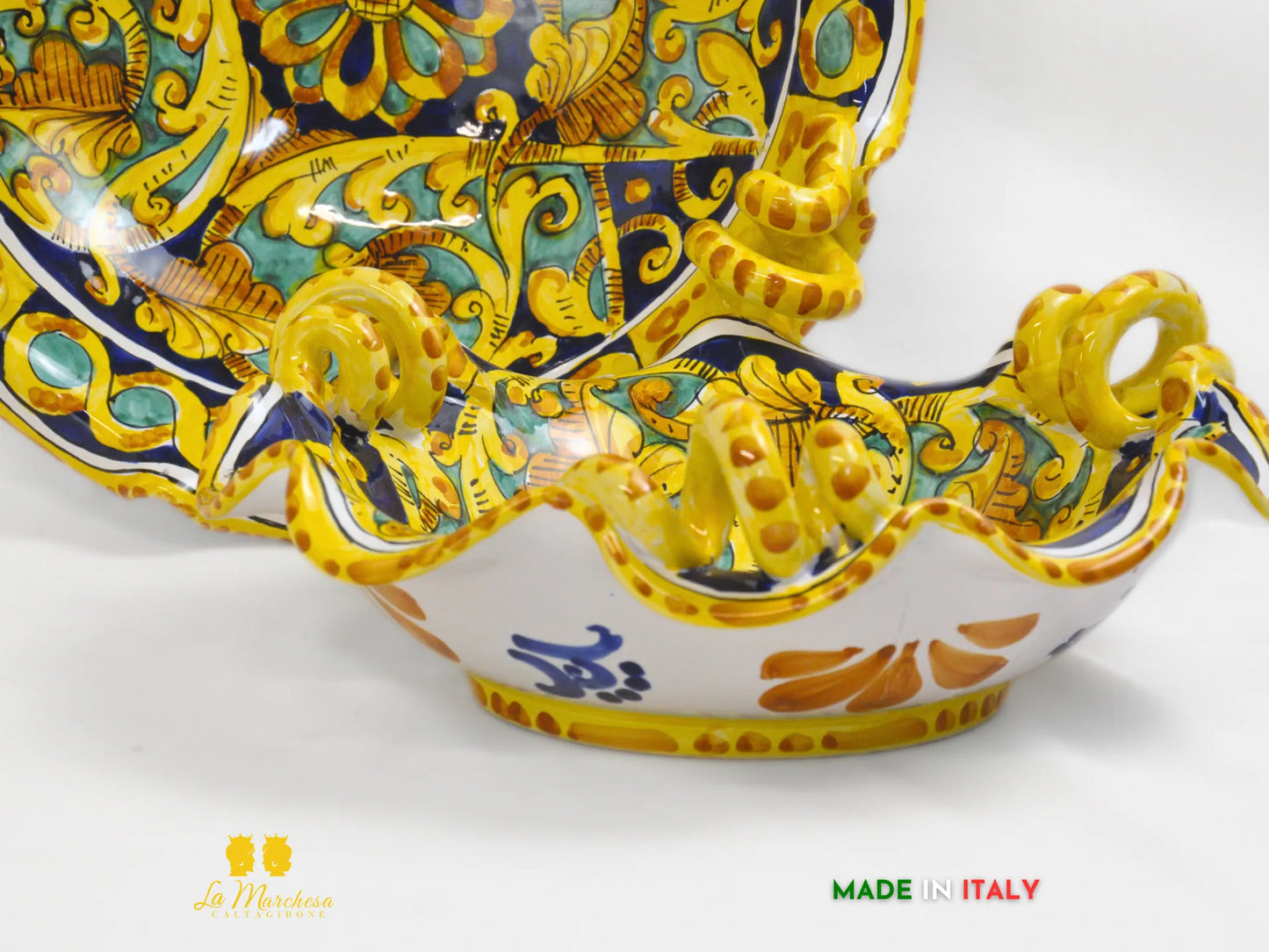 Centrotavola con Manici in Ceramica di Caltagirone Blu Ornato - Varie Misure