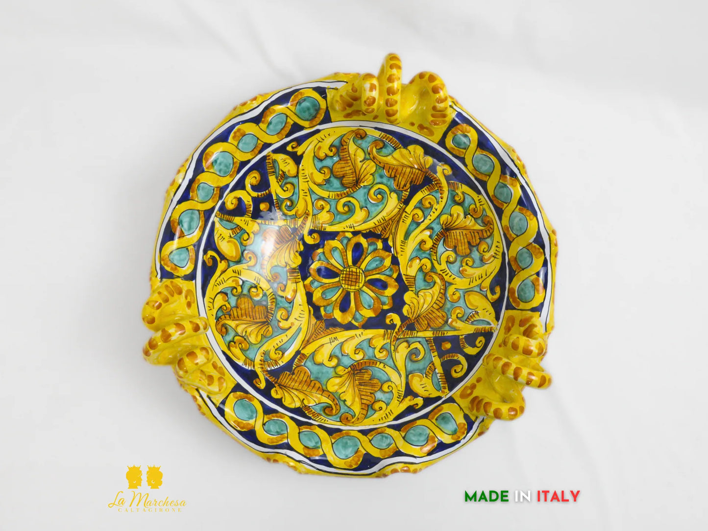 Centrotavola con Manici in Ceramica di Caltagirone Blu Ornato - Varie Misure