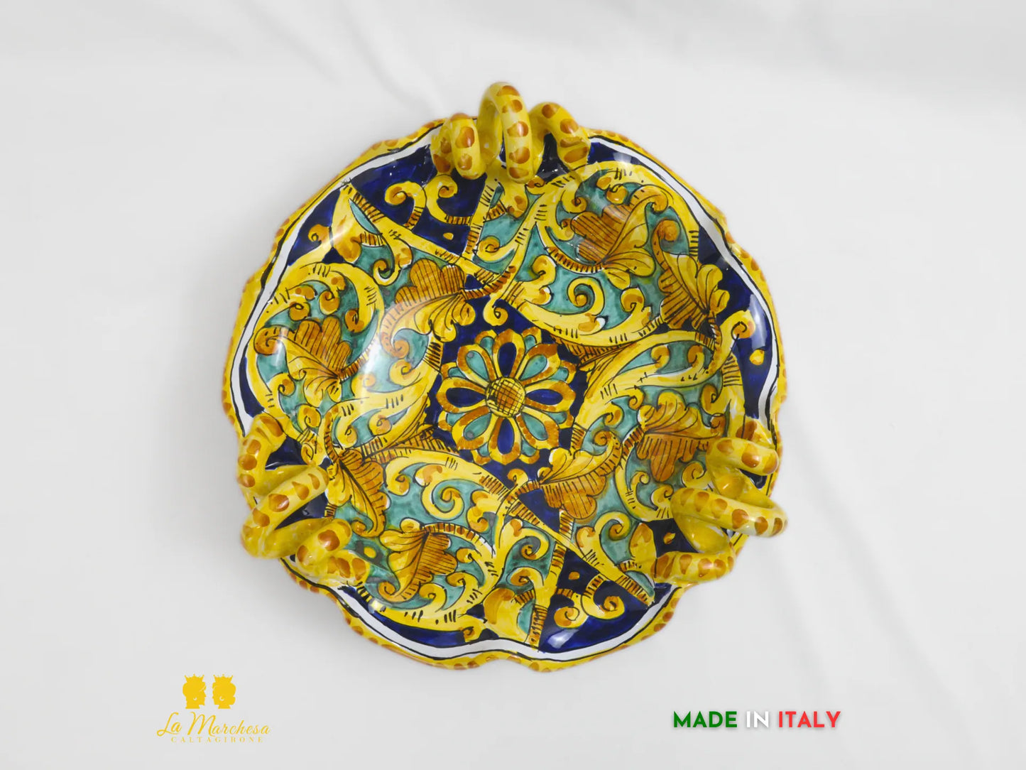 Centrotavola con Manici in Ceramica di Caltagirone Blu Ornato - Varie Misure