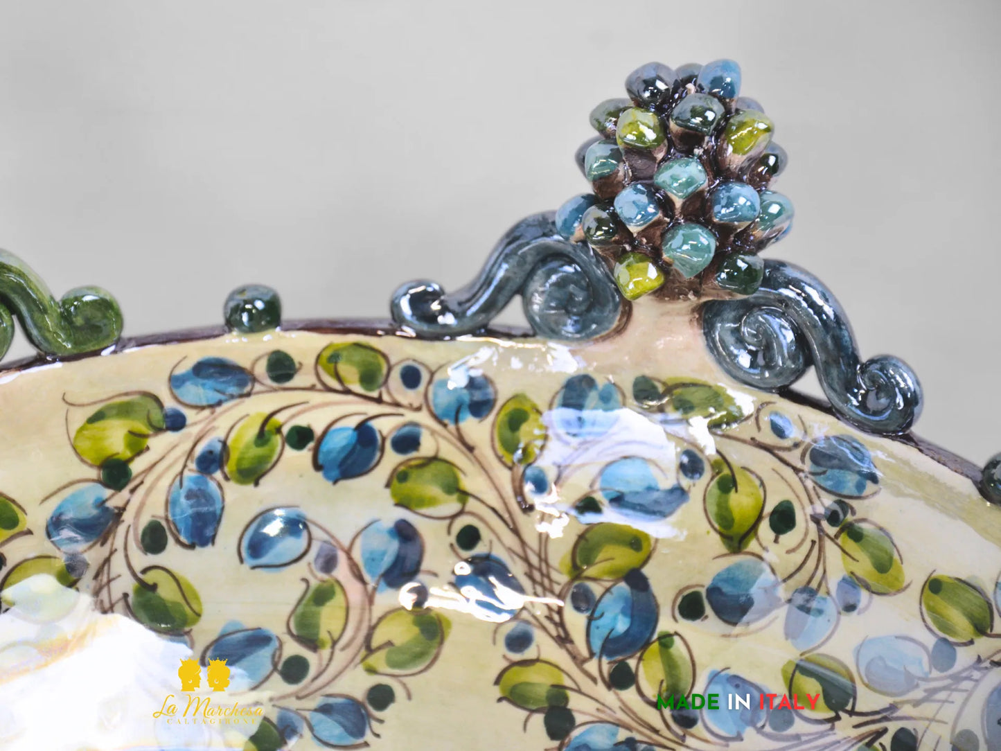 Centrotavola in Ceramica di Caltagirone Pigne blu verde Madreperla 40cm