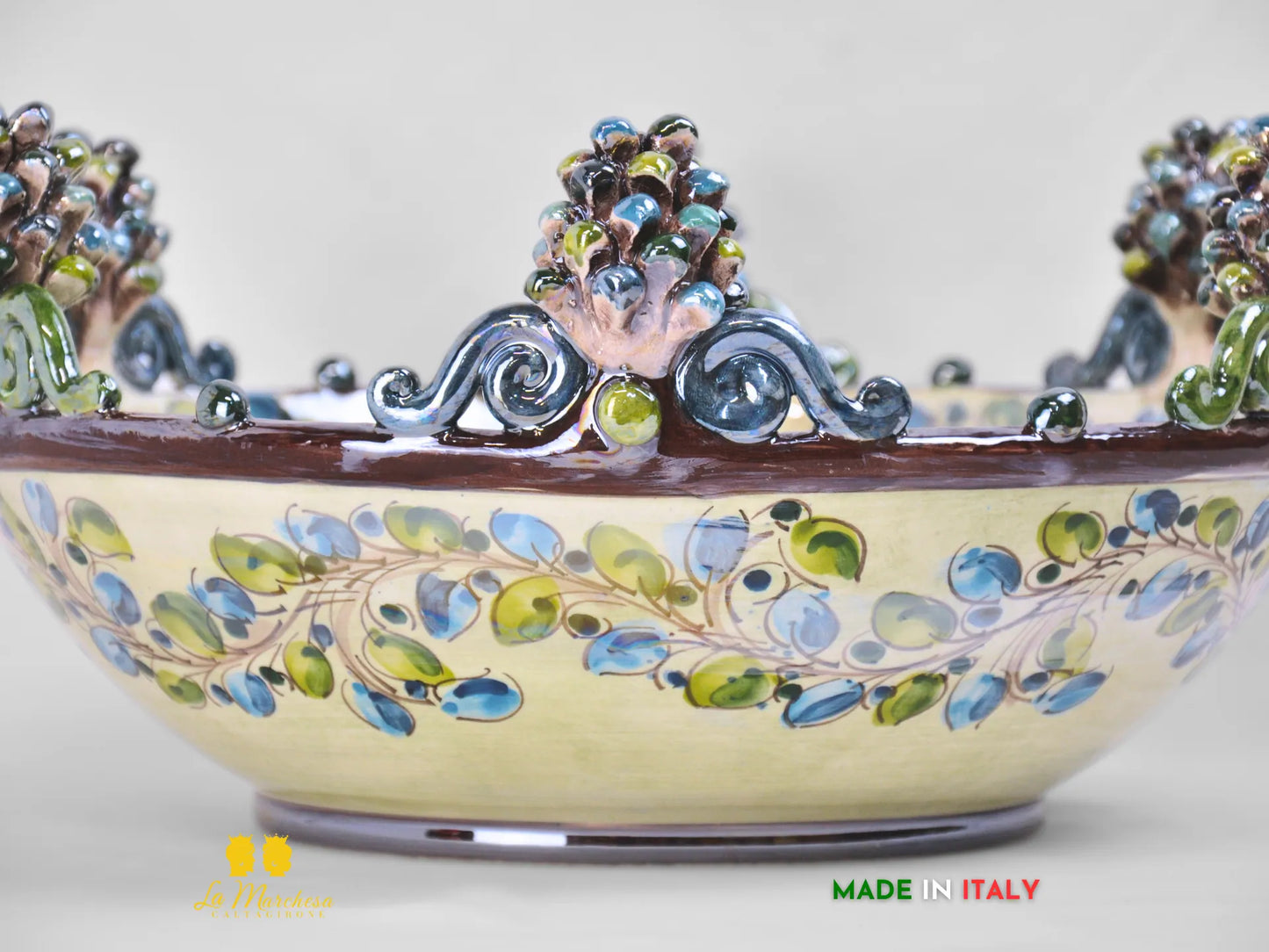 Centrotavola in Ceramica di Caltagirone Pigne blu verde Madreperla 40cm