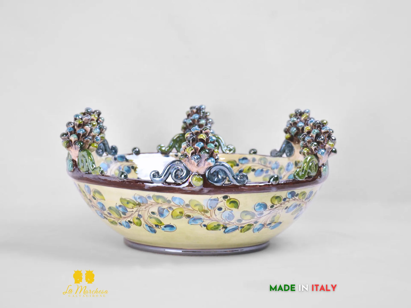 Centrotavola in Ceramica di Caltagirone Pigne blu verde Madreperla 40cm