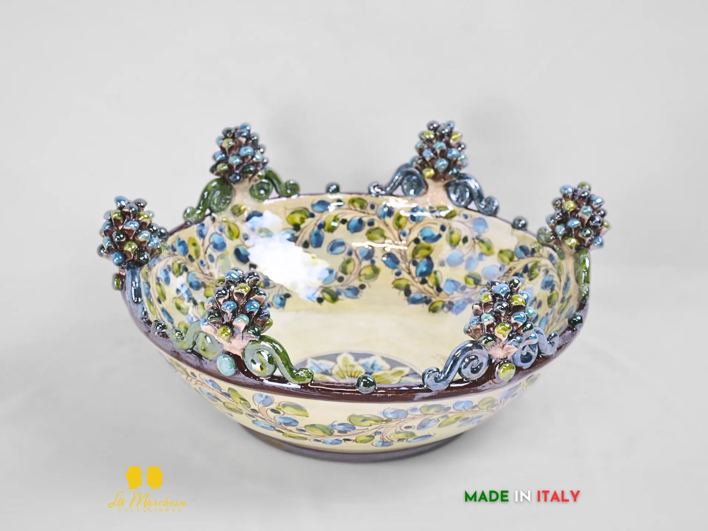 Centrotavola in Ceramica di Caltagirone Pigne blu verde Madreperla 40cm