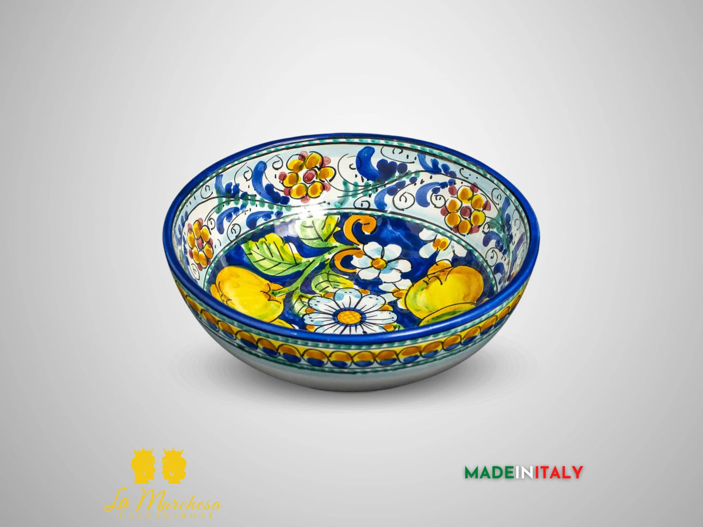 Ciotola Decorata in Ceramica di Caltagirone blu cobalto limoni 600 limoni - 20cm (3)