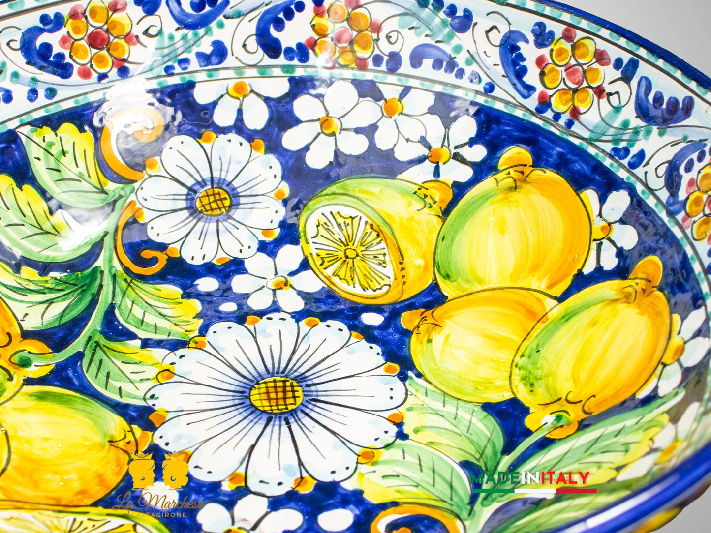 Ciotola Decorata in Ceramica di Caltagirone blu cobalto limoni 600 limoni - 20cm (3)