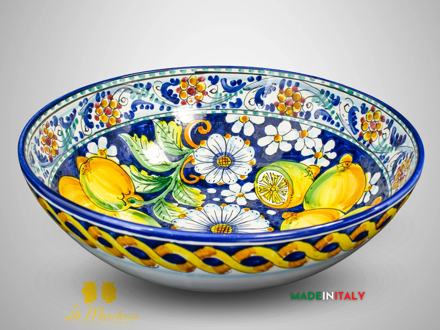 Ciotola Decorata in Ceramica di Caltagirone blu cobalto limoni 600 limoni - 20cm (3)