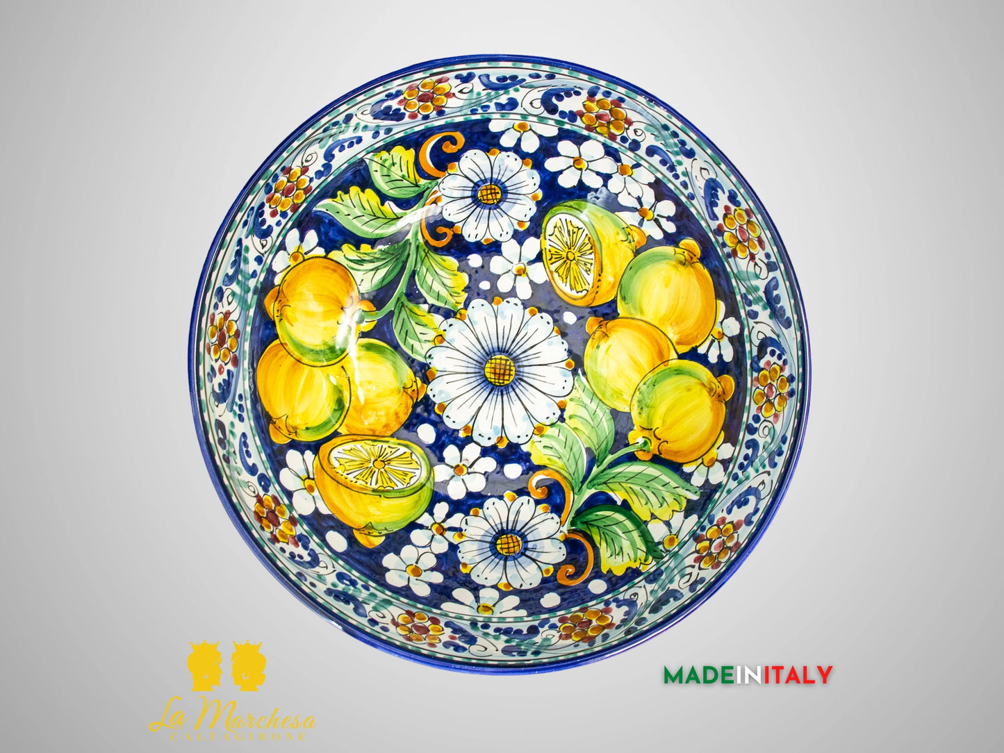 Ciotola Decorata in Ceramica di Caltagirone blu cobalto limoni 600 limoni - 20cm (3)