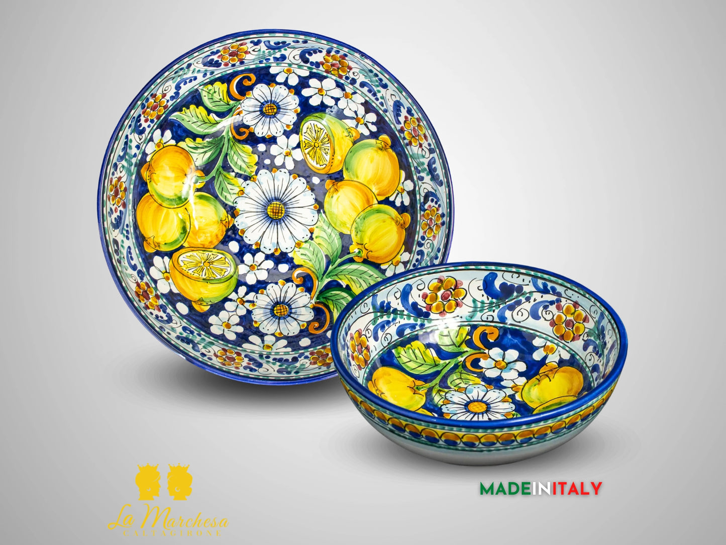 Ciotola Decorata in Ceramica di Caltagirone blu cobalto limoni 600 limoni - 20cm (3)