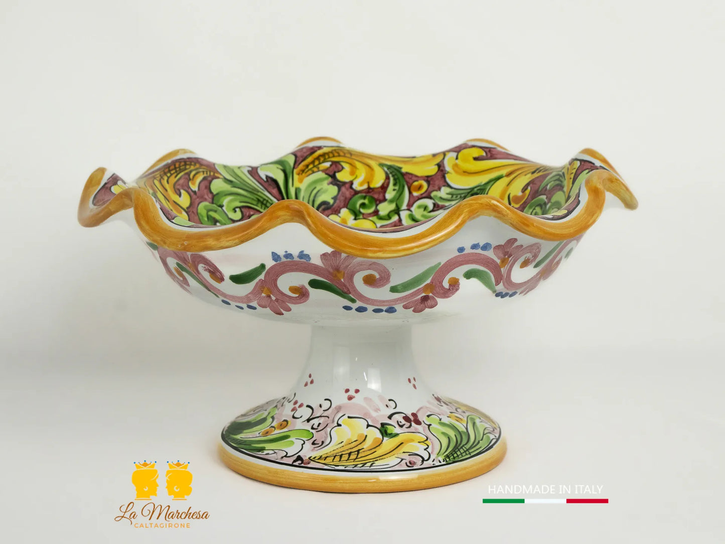 Centrotavola Ciotola con alzata orlata in Ceramica di Caltagirone bordeaux 30cm