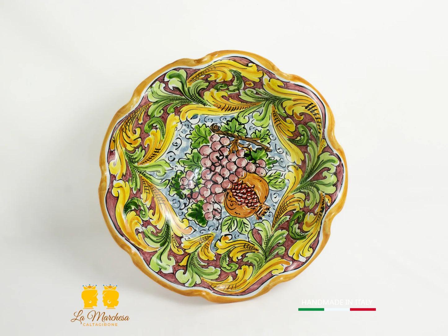 Centrotavola Ciotola con alzata orlata in Ceramica di Caltagirone bordeaux 30cm