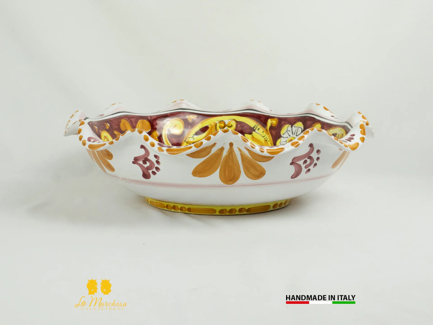 Centrotavola in Ceramica di Caltagirone tondo orlato bordeaux ornato 37cm
