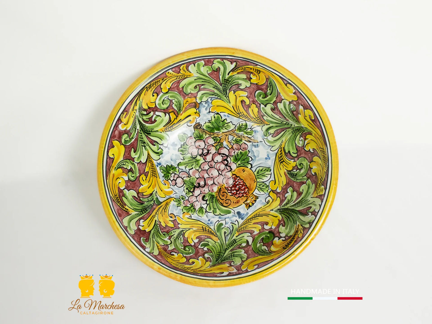 Ciotola in Ceramica di Caltagirone ornato frutta bordeaux 29cm
