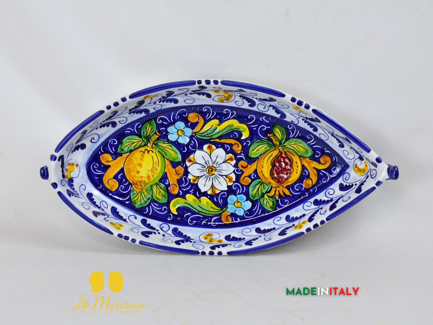 Ciotola Pirofila in Ceramica di Caltagirone Barca blu cobalto limoni - Varie Misure