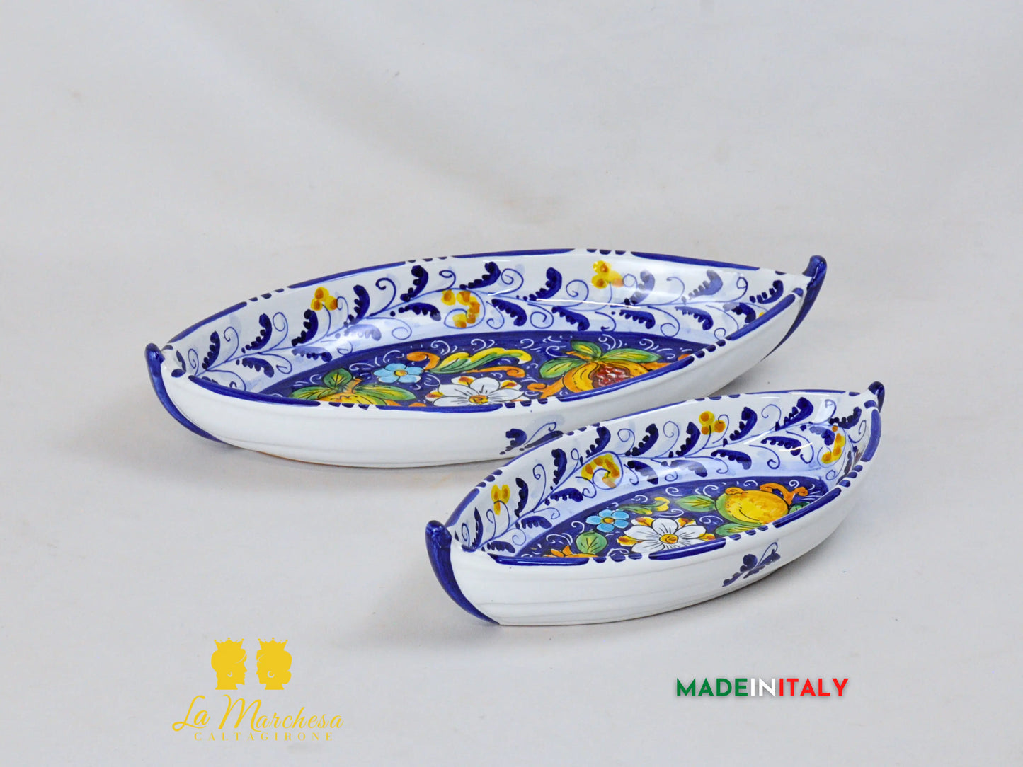 Ciotola Pirofila in Ceramica di Caltagirone Barca blu cobalto limoni - Varie Misure