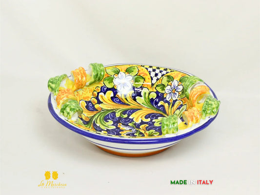 Ciotola Centrotavola in Ceramica di Caltagirone manici  ornato blu antico 31cm