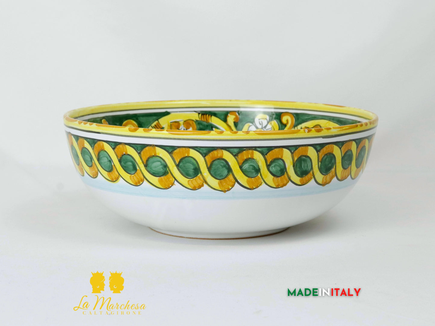 Ciotola decorata in Ceramica di Caltagirone ornato verde treccia 31cm