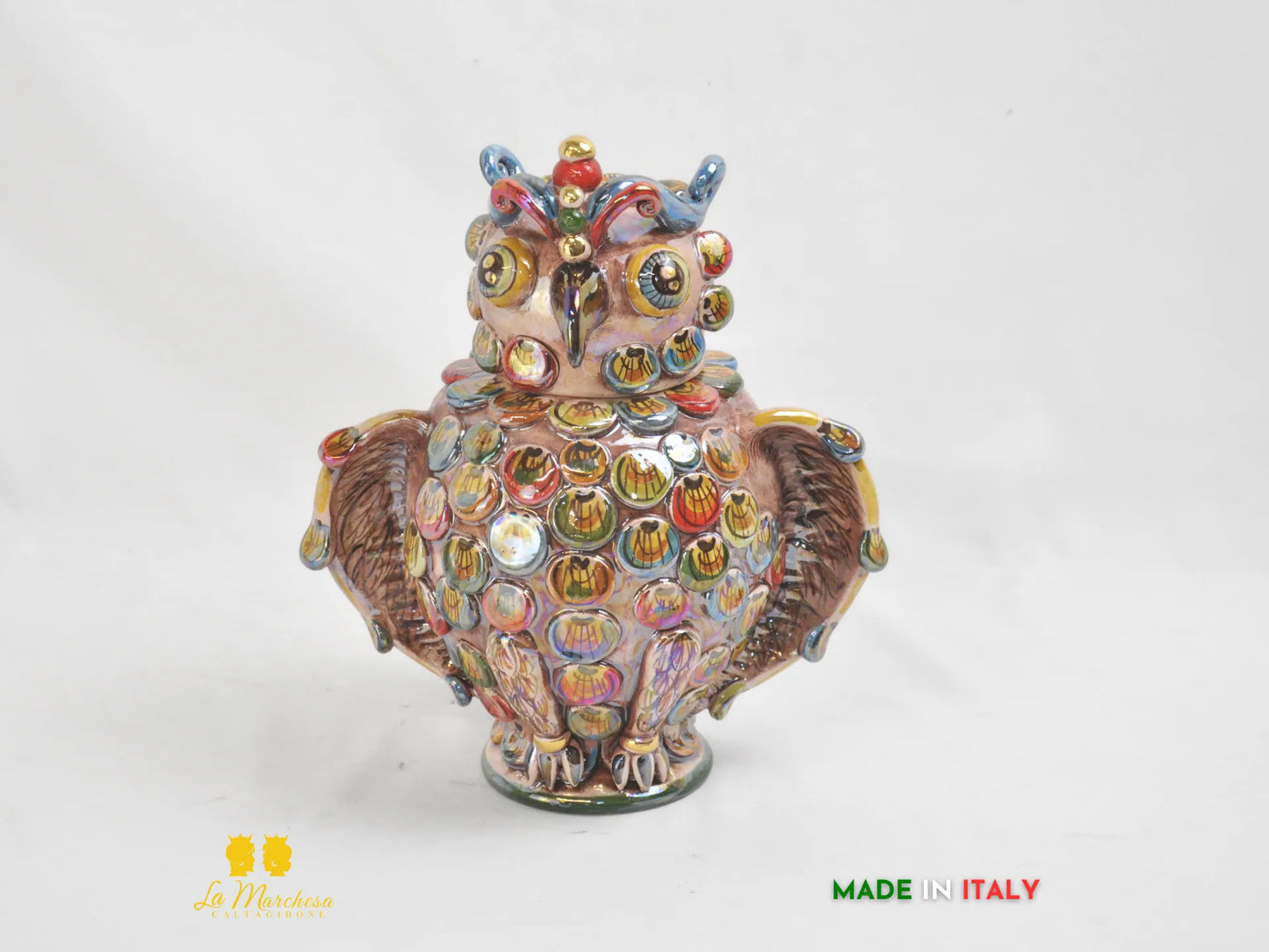 Gufo in ceramica di Caltagirone Madreperla Oro 27cm