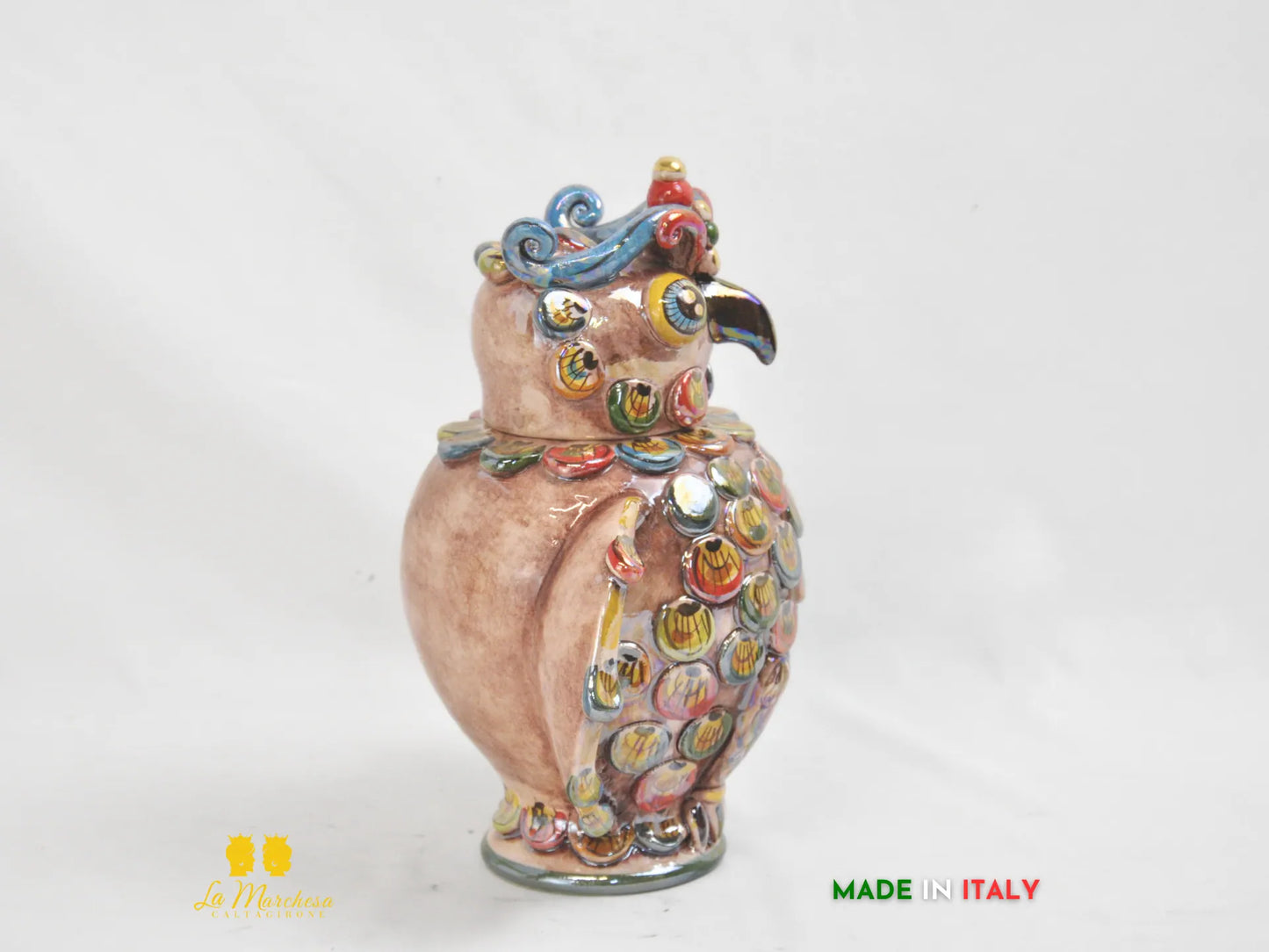 Gufo in ceramica di Caltagirone Madreperla Oro 27cm