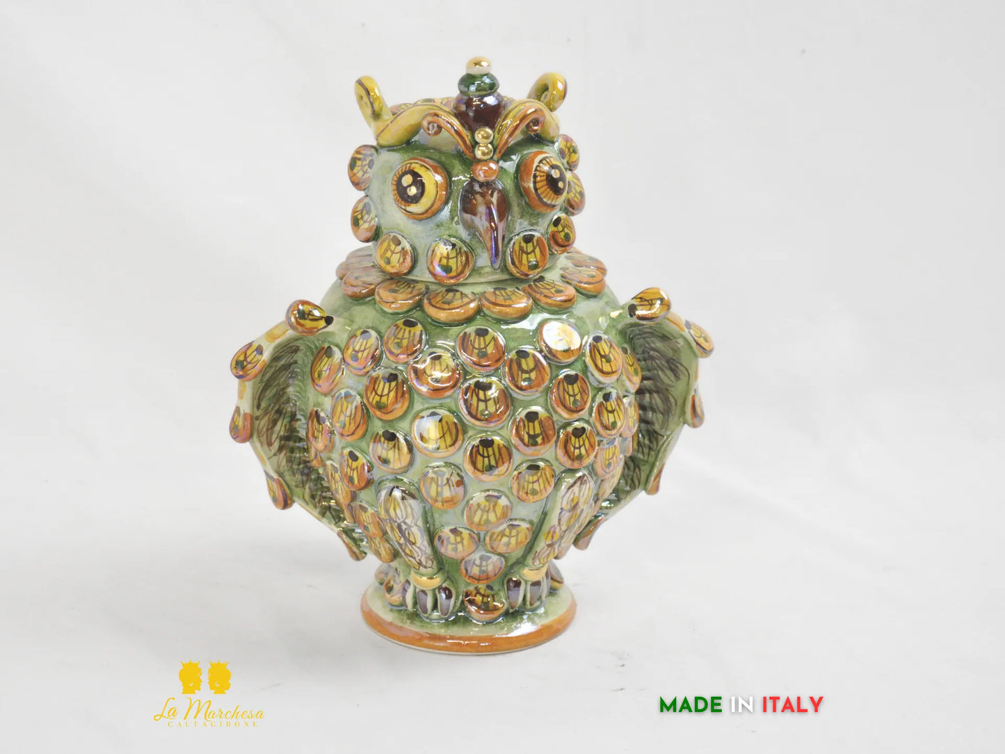 Gufo in ceramica di Caltagirone Madreperla Oro 27cm