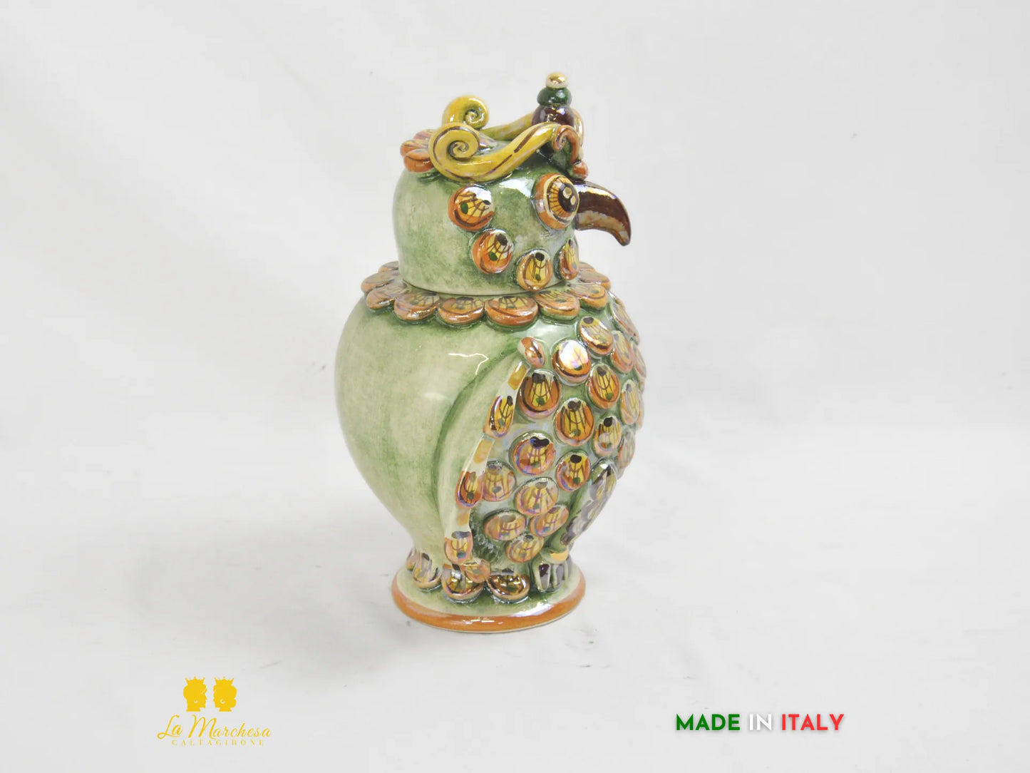 Gufo in ceramica di Caltagirone Madreperla Oro 27cm