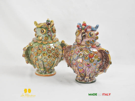 Gufo in ceramica di Caltagirone Madreperla Oro 27cm