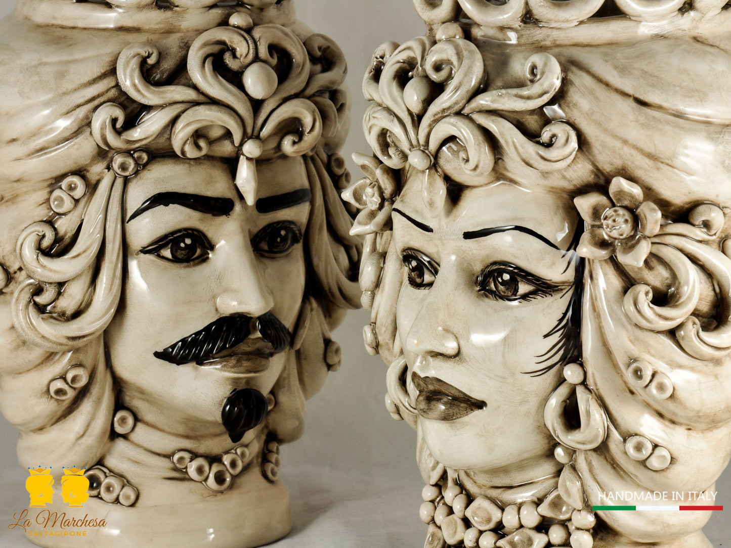 Coppia Teste di Moro H36 colaggio fumè ceramica di caltagirone
