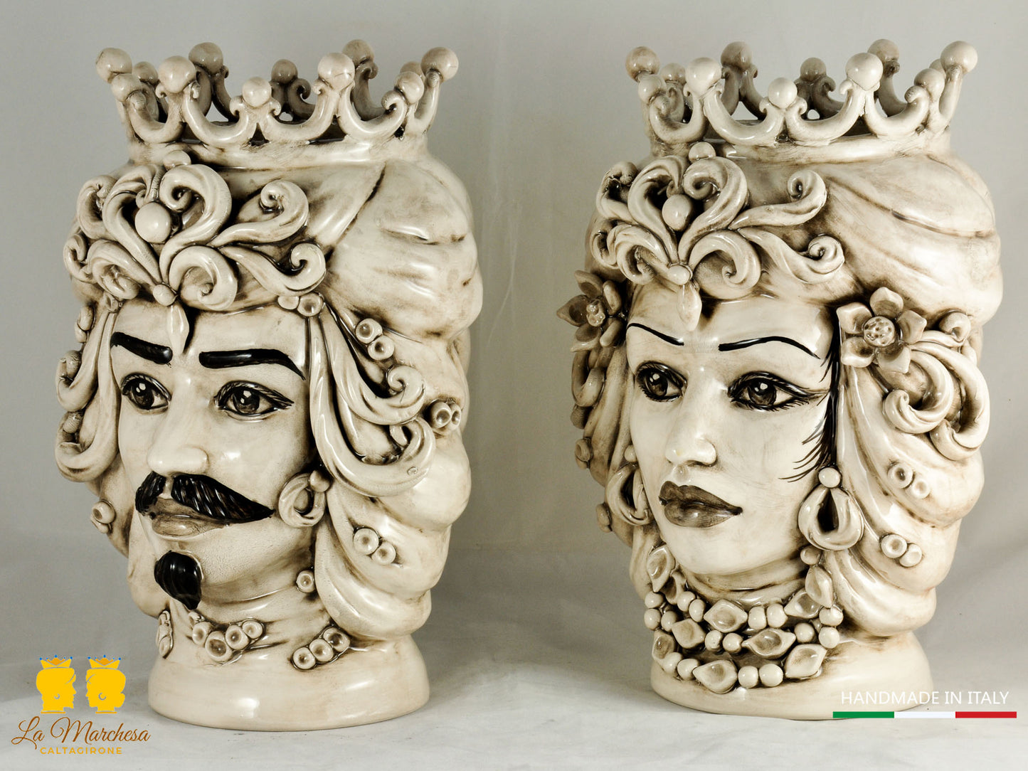 Coppia Teste di Moro H36 colaggio fumè ceramica di caltagirone