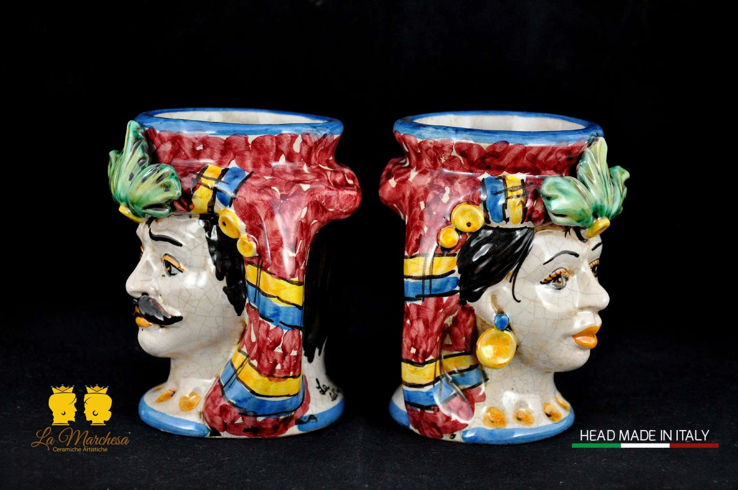 Coppia di Teste di Moro in Ceramica di Caltagirone H14 - Vari Modelli