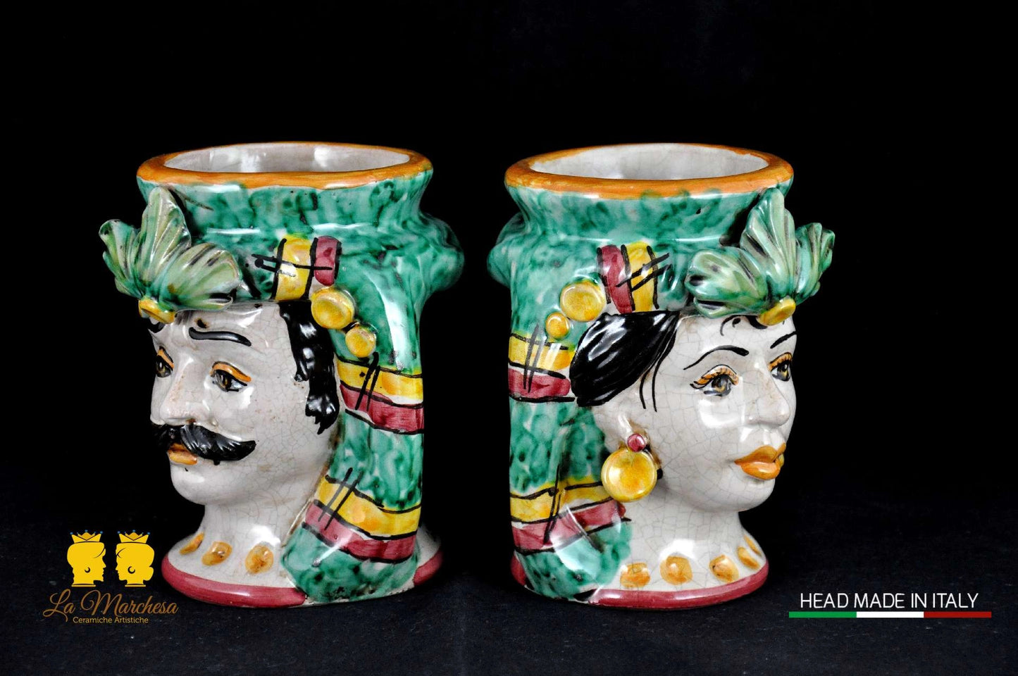 Coppia di Teste di Moro in Ceramica di Caltagirone H14 - Vari Modelli