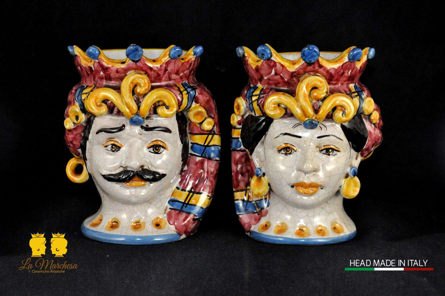Coppia di Teste di Moro in Ceramica di Caltagirone H14 - Vari Modelli