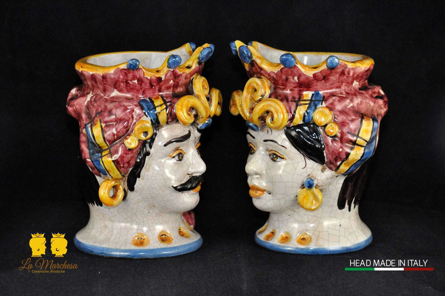 Coppia di Teste di Moro in Ceramica di Caltagirone H14 - Vari Modelli