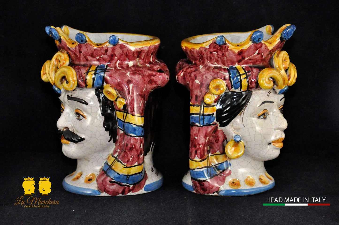 Coppia di Teste di Moro in Ceramica di Caltagirone H14 - Vari Modelli