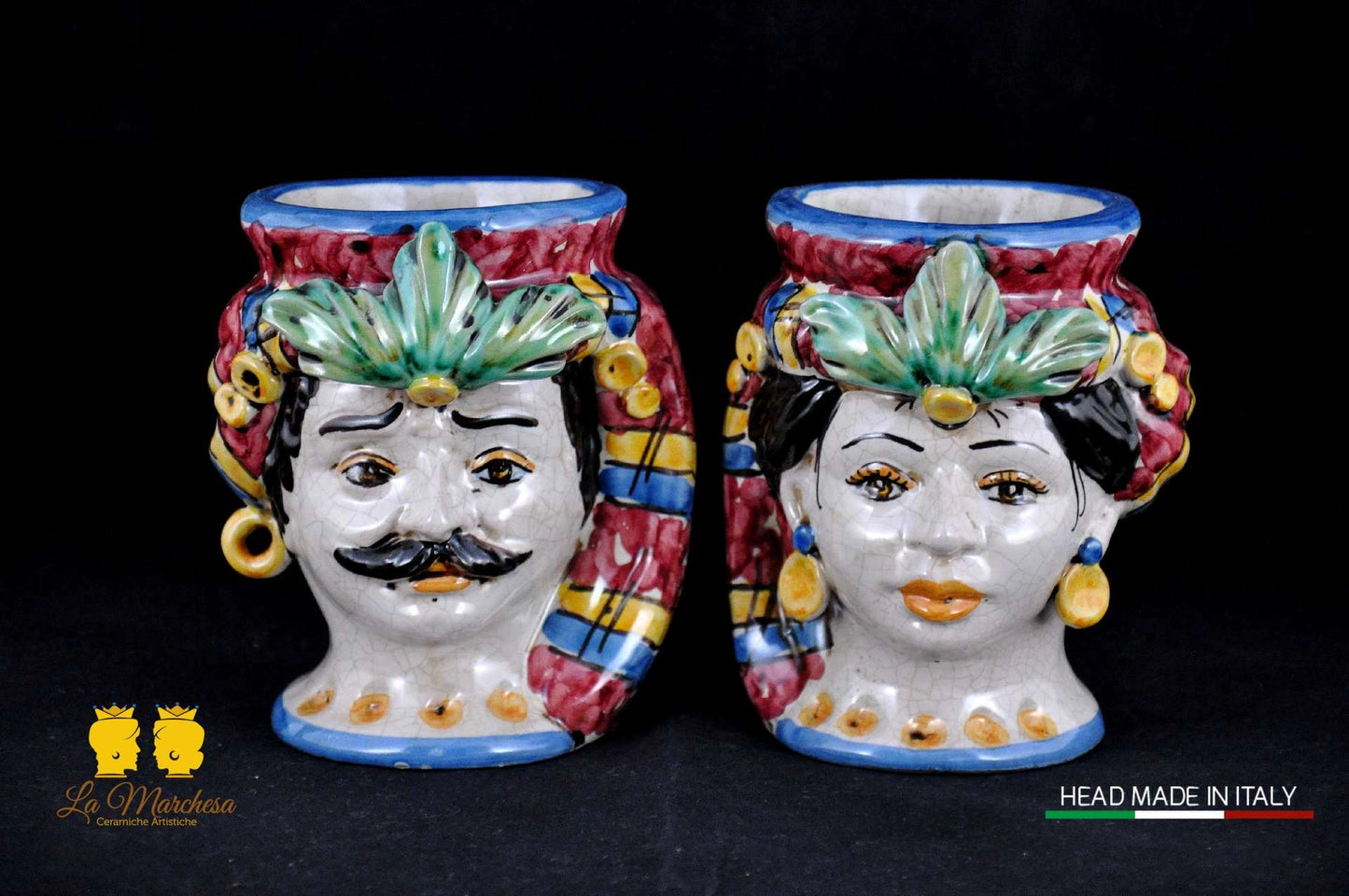 Coppia di Teste di Moro in Ceramica di Caltagirone H14 - Vari Modelli