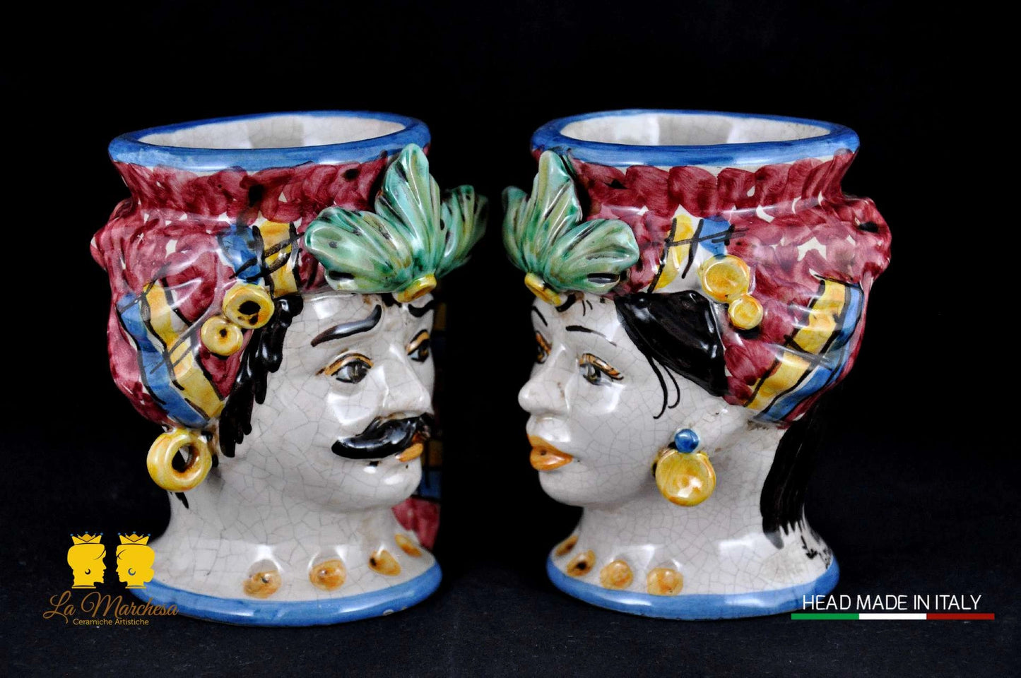 Coppia di Teste di Moro in Ceramica di Caltagirone H14 - Vari Modelli